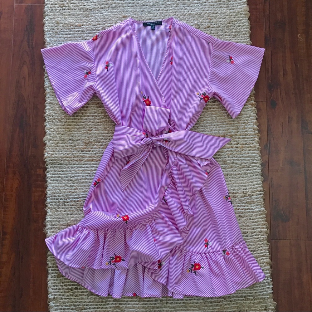 Romeo Juliet Embroidered Stripe Ruffle Wrap Dress